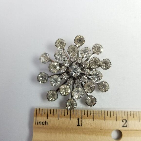 Vintage Coro Silver Tone Rhinestone Starburst Snowflake Brooch Lapel Pin, Signed - Picture 5 of 7